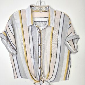 Thread + Supply Blouse Striped Tie Front Button Front Sz XL Coastal Country
